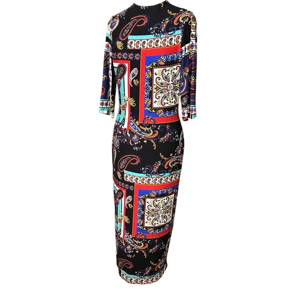Alice + Olivia Delora Paisley Bodycon Dress Size 10. Colorful Midi Stretch - Picture 1 of 12